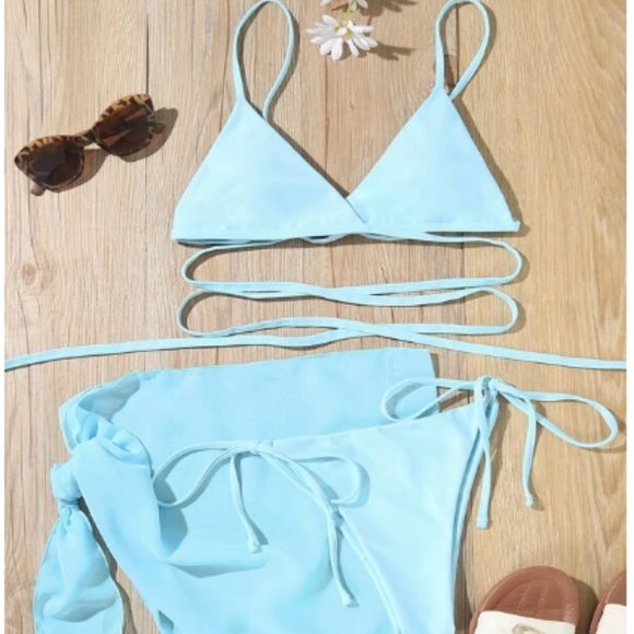 SHEIN 3pack Crisscross Thong Bikini Swimsuit & Beach Skirt Size XS Baby Blue - Picture 2 of 2